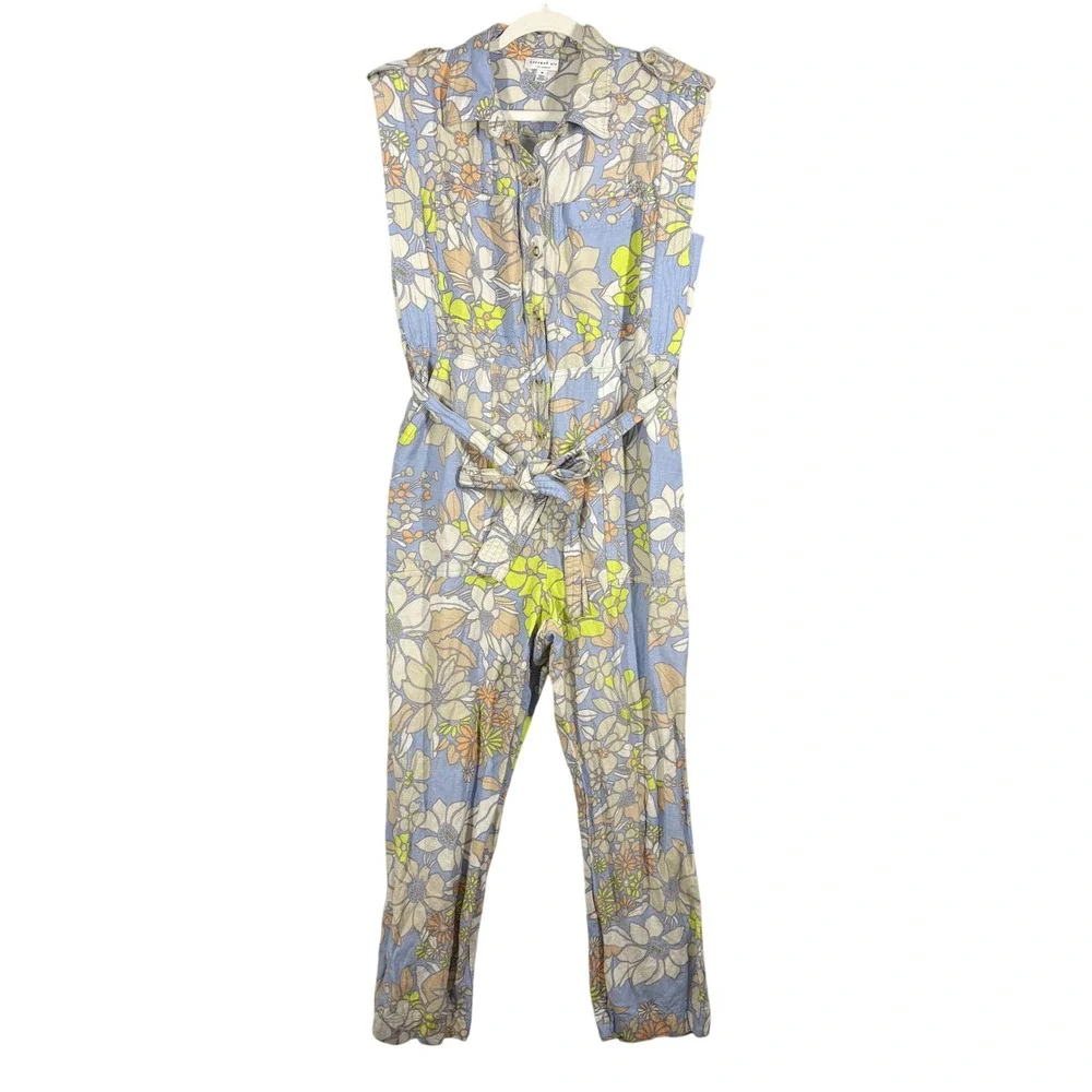 Current Air Floral Print Linen Blend Utility‎ Jumpsuit Size M Blue Yellow Belt